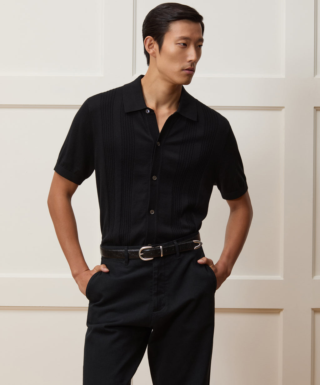 Silk-Cotton Ribbed Full-Placket Sweater Polo