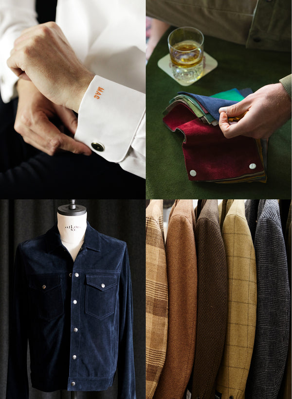 Close up images are shown of details on different products - monogramming on a cuff, swatches of fabrics, a western style shirt jacket being tailored, and different patterns of suits on racks.