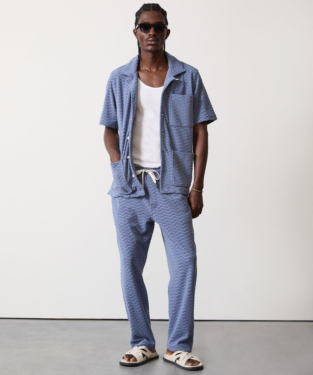 Wave Jacquard Terry Guayabera Polo Shirt in Steel Blue
