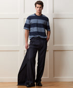 Model wearing the Todd Snyder Rugby Striped Cropped Jersey Tee in Blue.