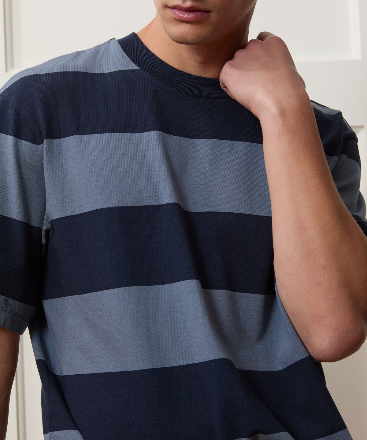 Close-up detail of the Todd Snyder Rugby Striped Cropped Jersey Tee in Blue.