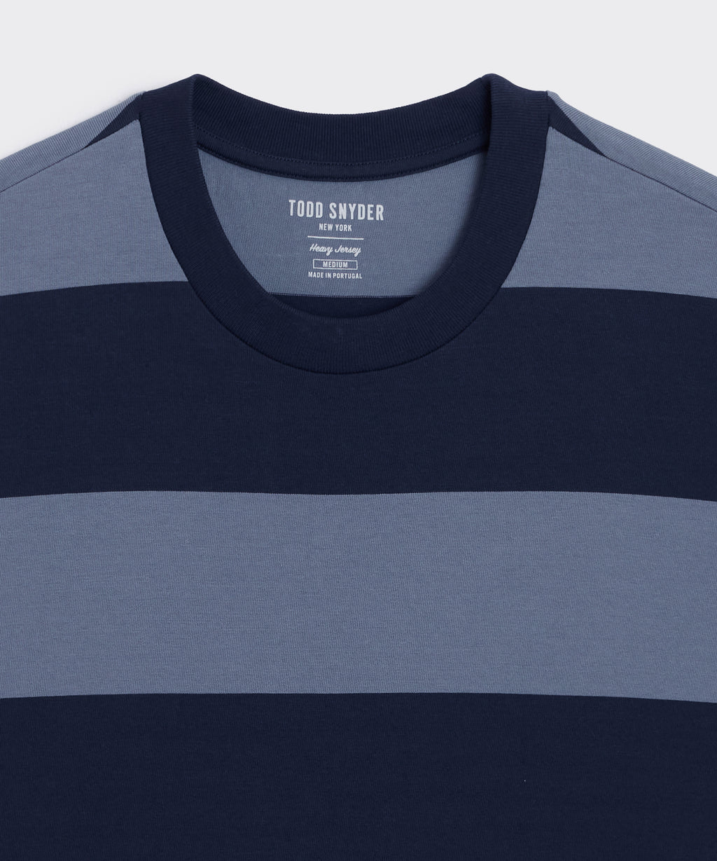 Close-up detail of the Todd Snyder Rugby Striped Cropped Jersey Tee.