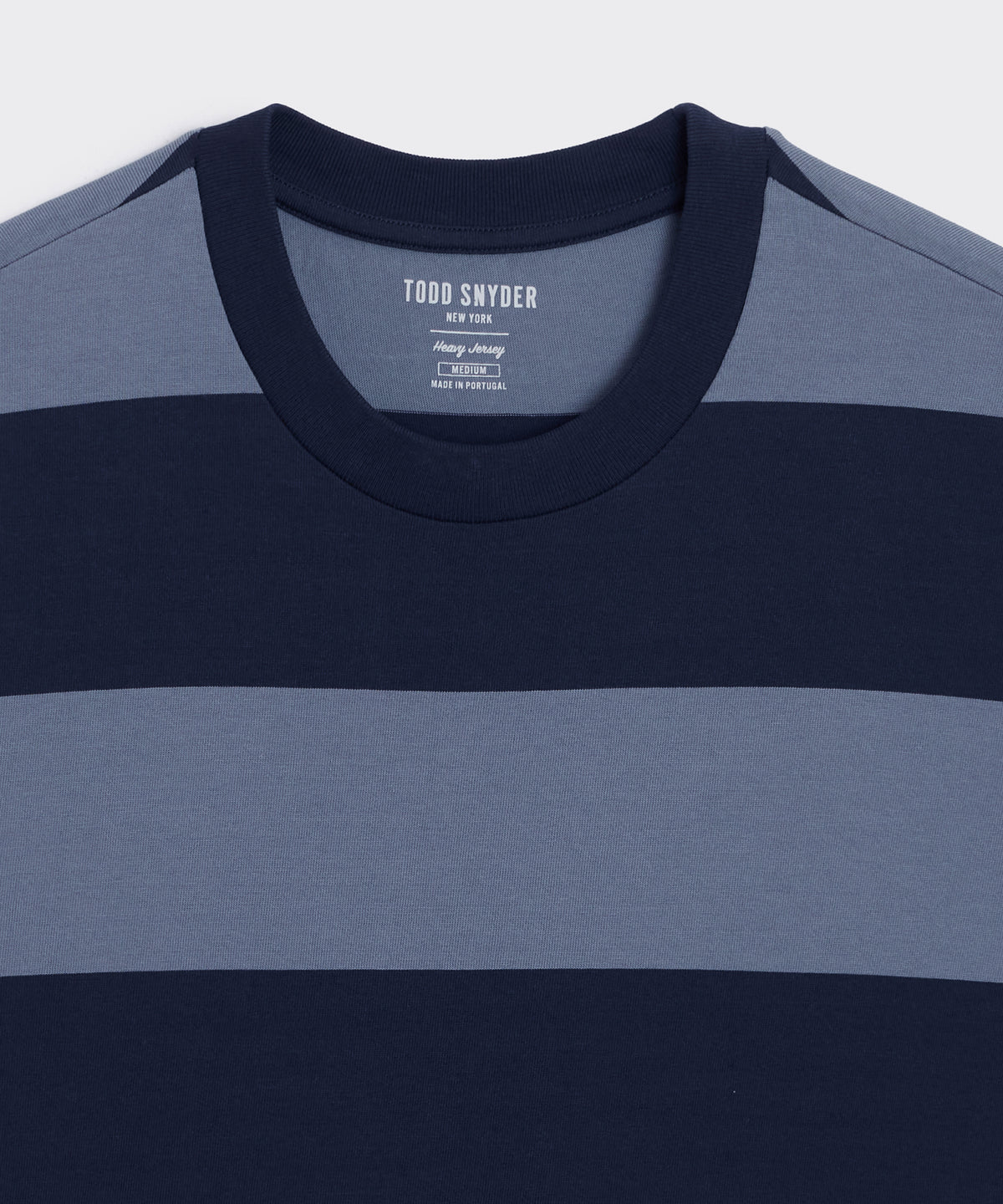Close-up detail of the Todd Snyder Rugby Striped Cropped Jersey Tee.