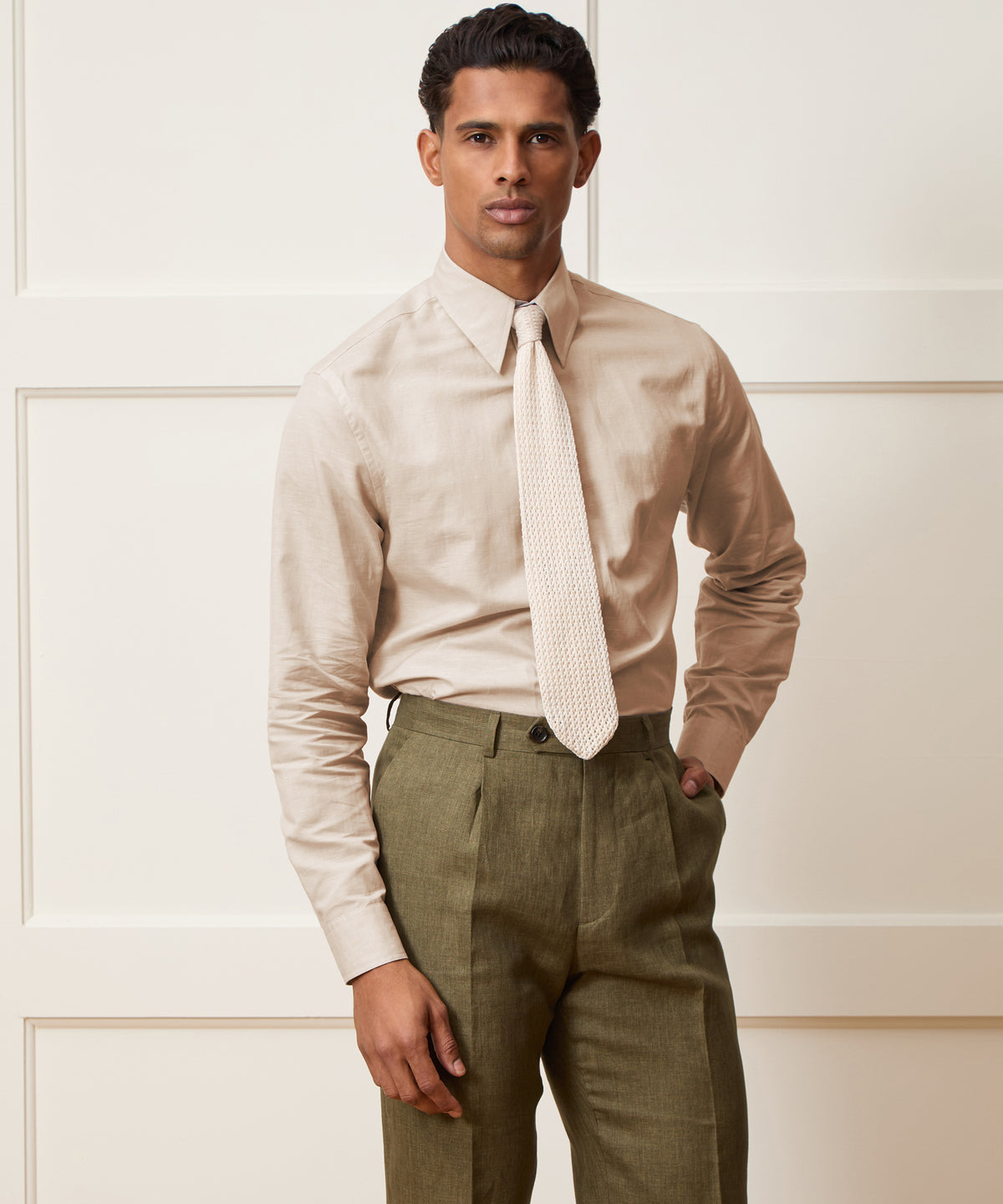 Italian Cotton-Linen Long Point Collar Dress Shirt