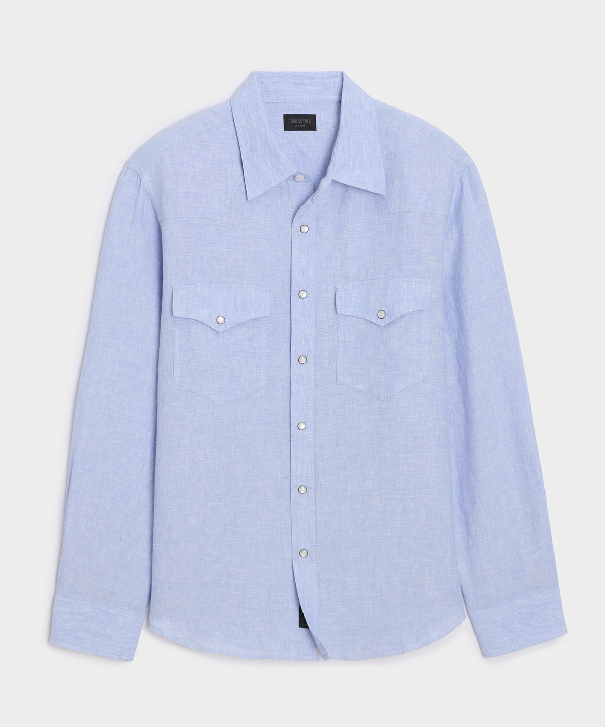 Flat lay of the Todd Snyder Linen Western Shirt in Blue.