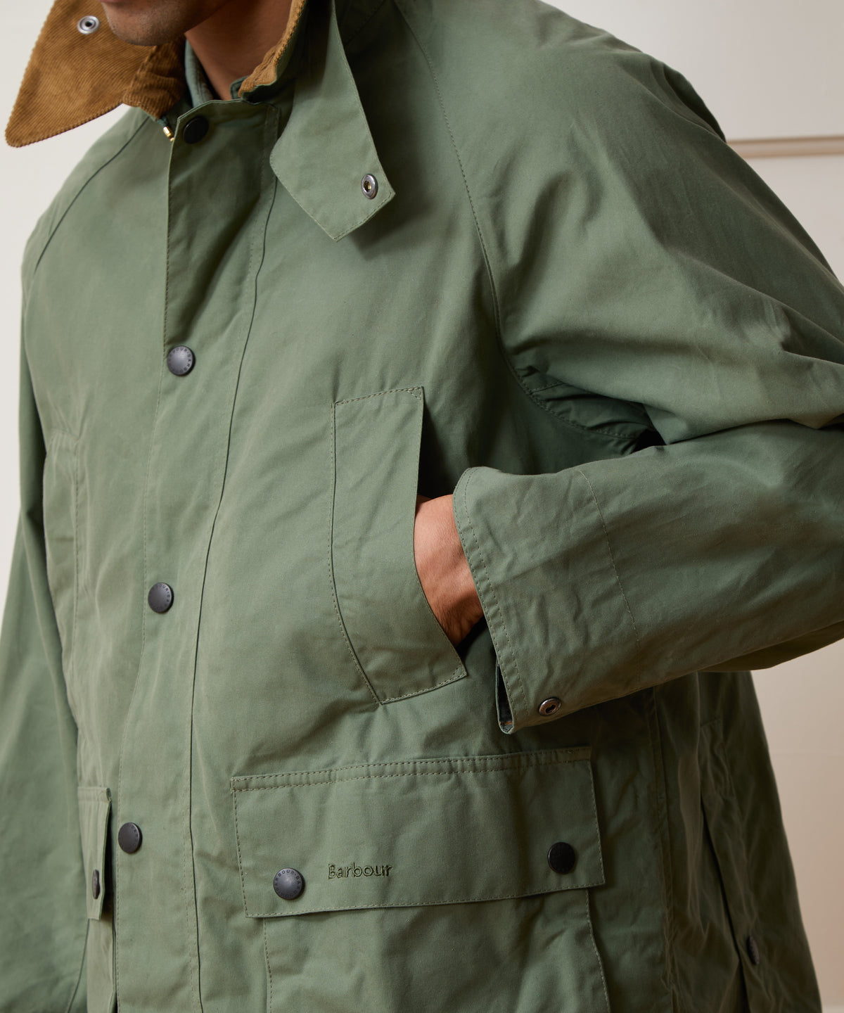 Model wearing the Barbour Bedale Jacket in Moss.