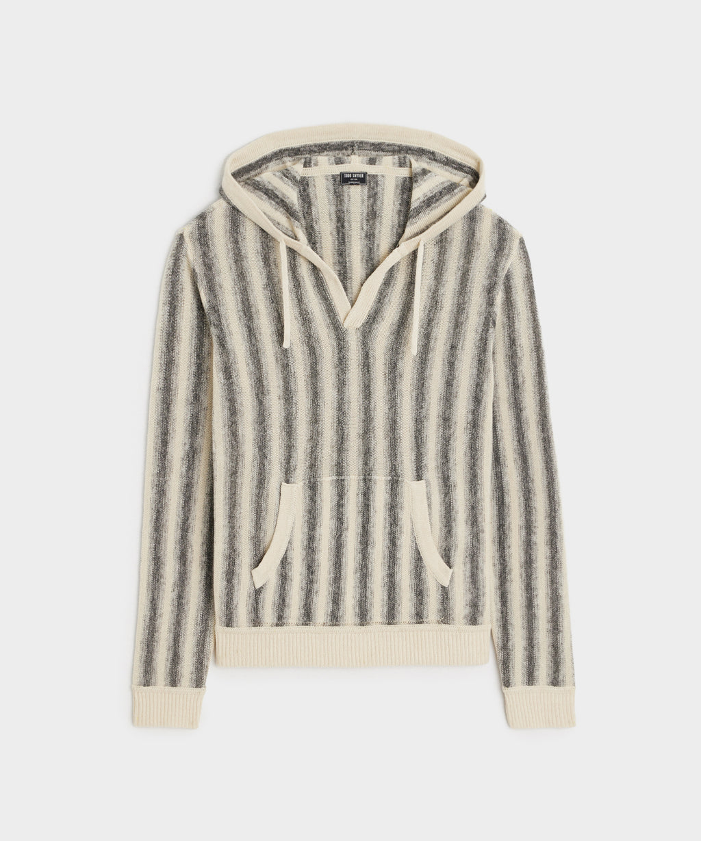 Linen-Cotton Stripe Popover Hoodie in Silver Mist