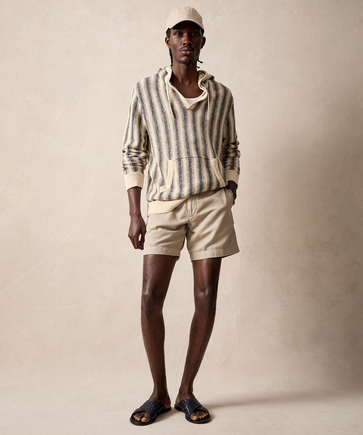Linen-Cotton Stripe Popover Hoodie in Silver Mist