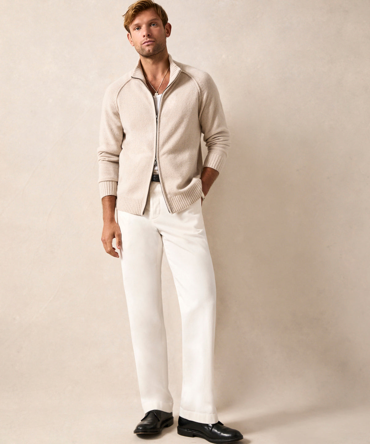 Nomad Cashmere Full-Zip Sweater in Bisque