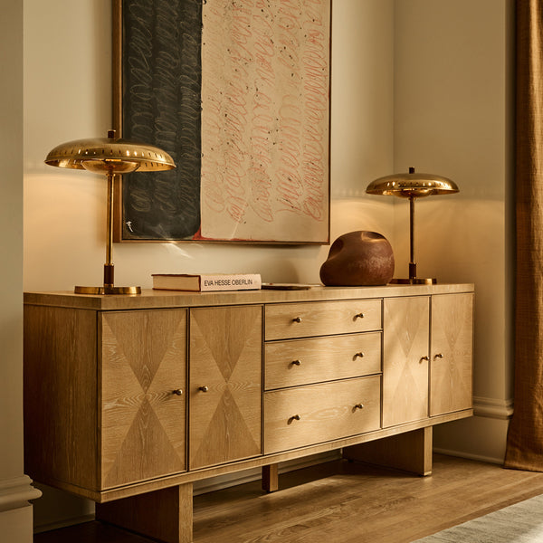 White Oak Credenza with Atelier Aged Brass Table Lamps